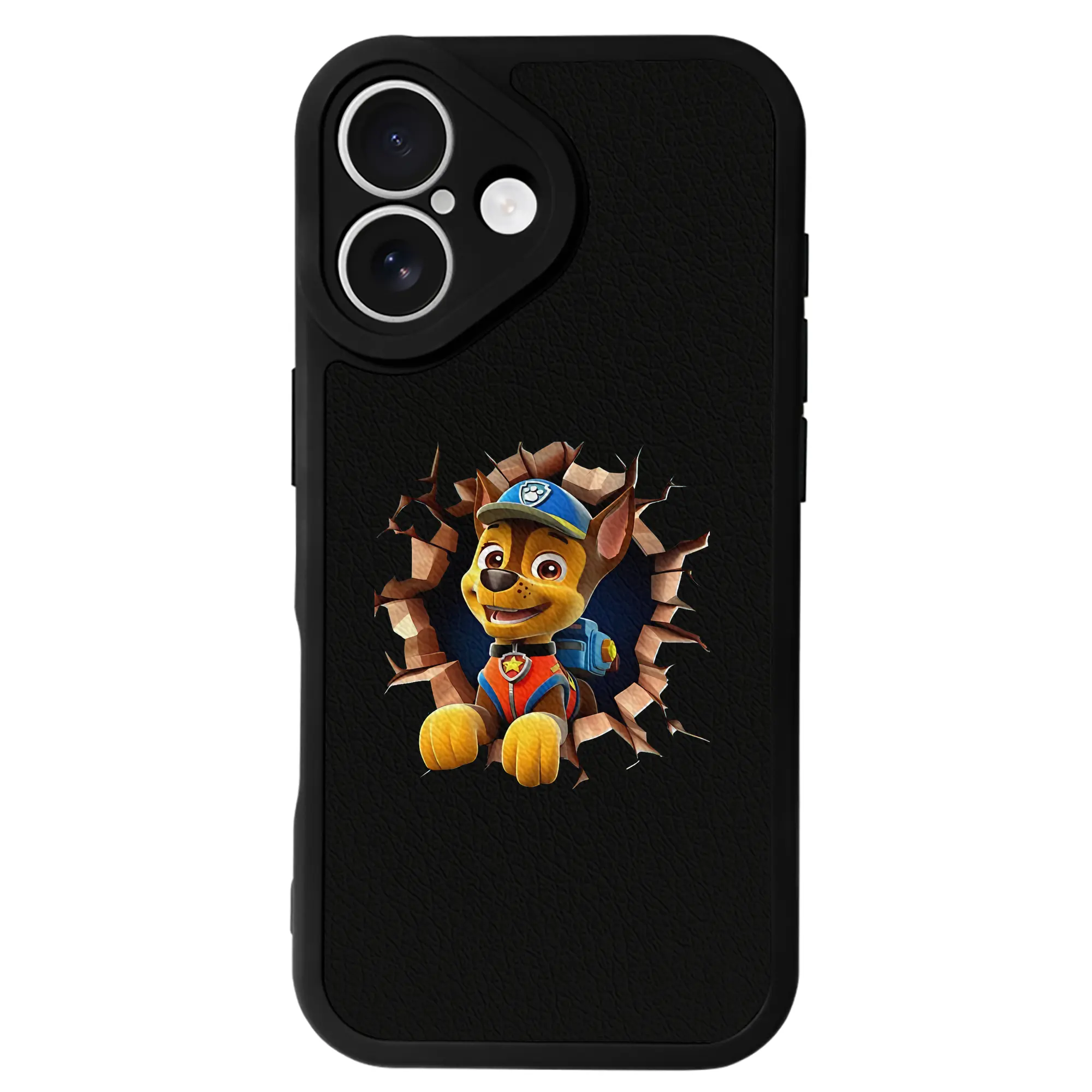 パウ・パトロール グッズ チェイス - IPhone 16シリーズ対応 ・ シリコンスマホケース ・ レザー調 ・ 高精度フィット ・ 耐衝撃 ・ ワイヤレス充電対応 ・ 精密カット